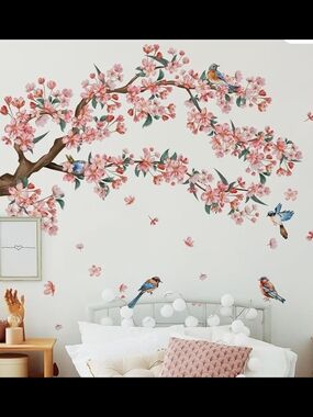 Pink Cherry Blossom Branch Wall Decal with Birds - Brand: